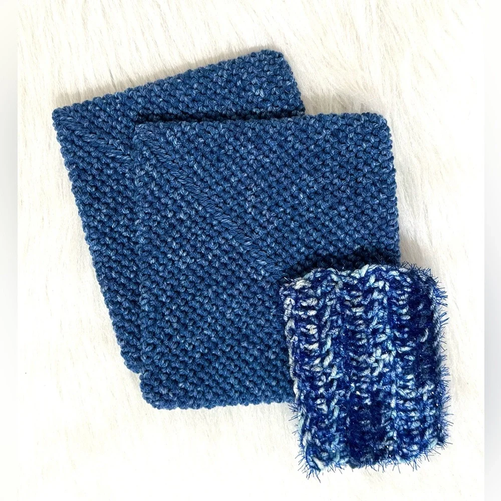 Two Crocheted Handmade Potholders Trivets and Dish Scrubbie Washable Blue NEW